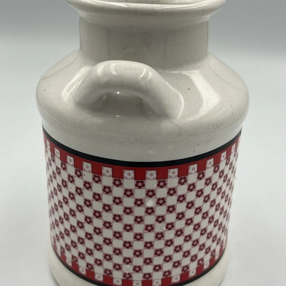 Vintage White Black Red Checkered Jar Jug Canister With Cats Linda Morgan‎ Japan
